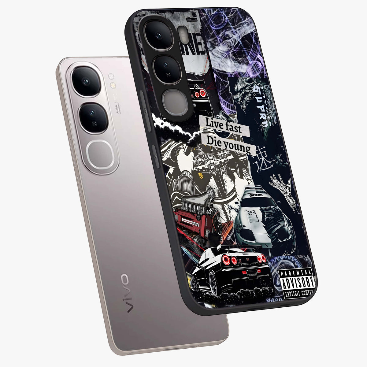 Die Young Glass Case displayed in angled mockup highlighting expressive graphic artwork with edgy aesthetic style.