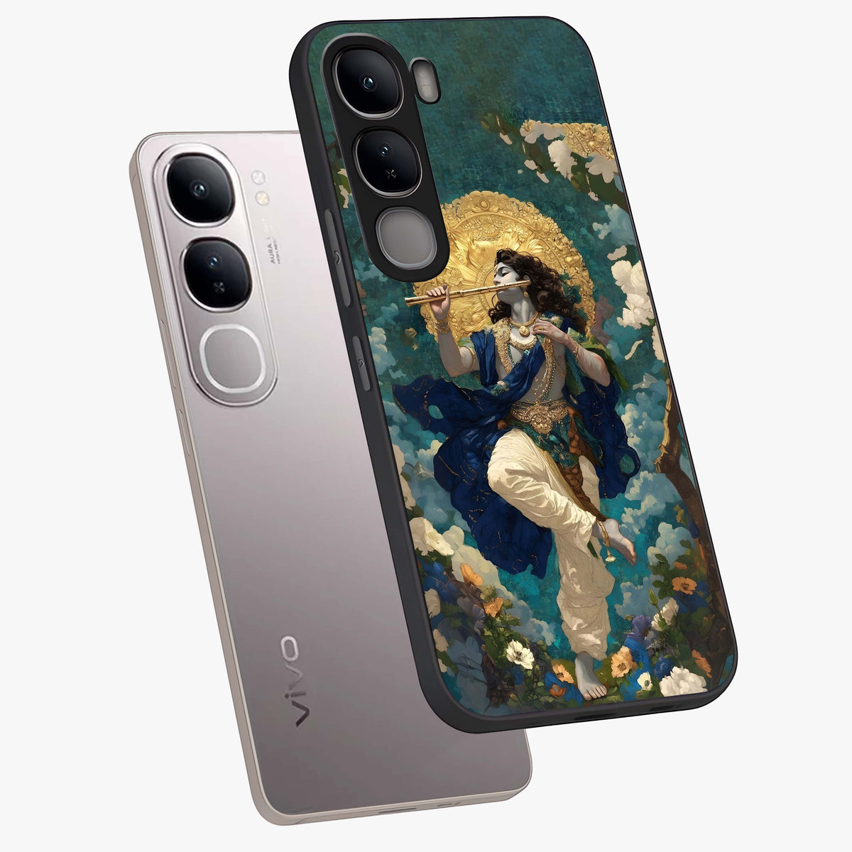 Divine Krishna Art Glass Case displayed in angled mockup highlighting spiritual Krishna illustration with devotional aesthetic.