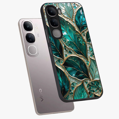 Emerald Leaf Glass Glass Case displayed in angled mockup highlighting botanical leaf illustration with elegant natural aesthetic.