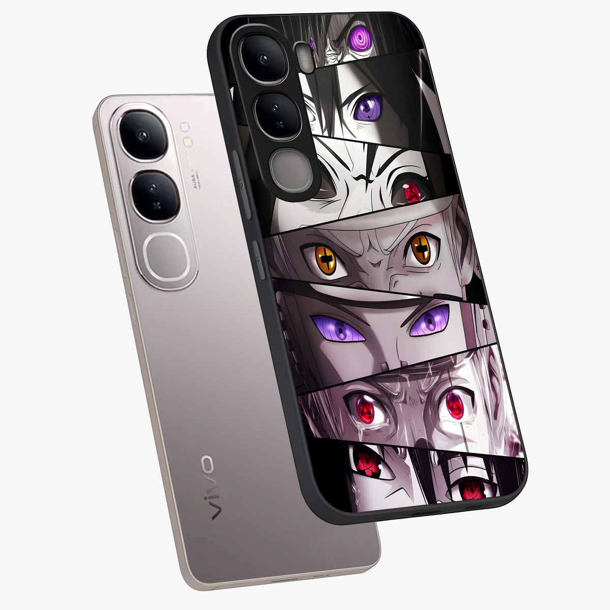 Eyes of Destiny Glass Case displayed in angled mockup highlighting bold eye illustration with mystical aesthetic style.