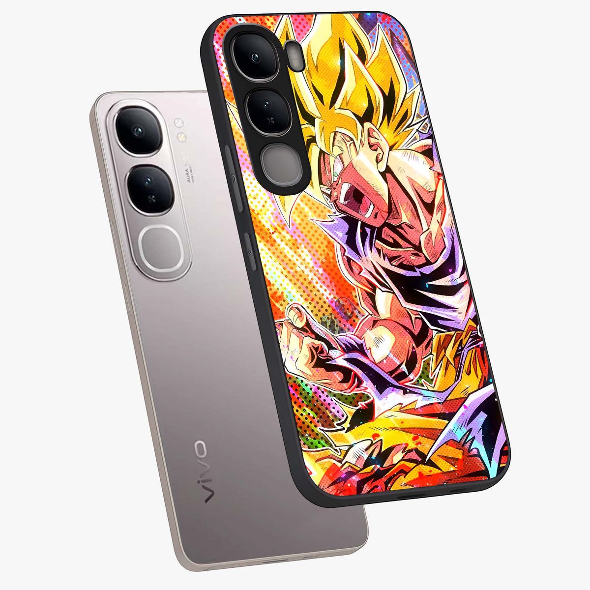 Firing Goku Glass Case displayed in angled mockup highlighting dynamic anime character design with action aesthetic.