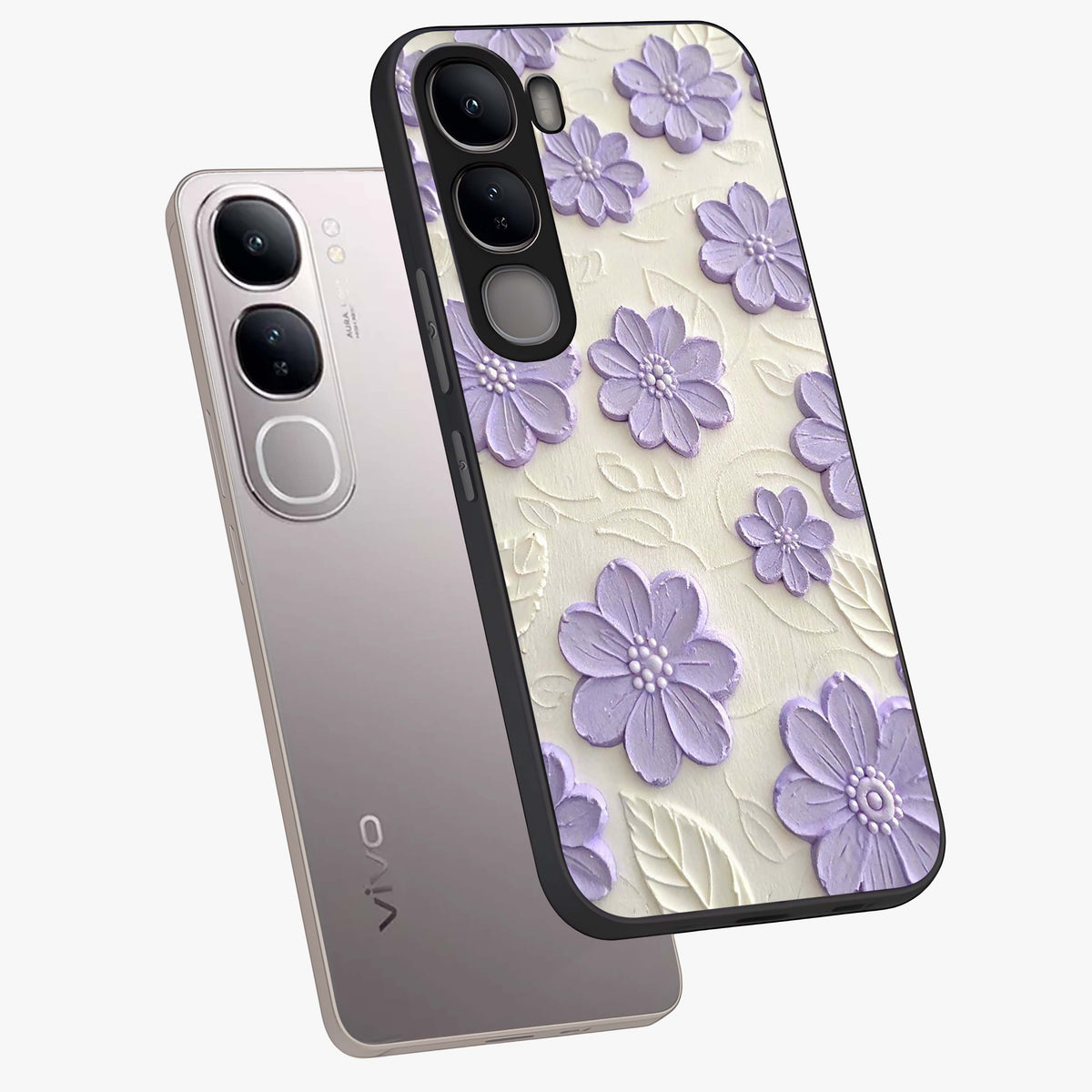 Floral Wall Art With Purple Flowers Glass Case displayed in angled mockup highlighting vibrant purple floral illustration with artistic aesthetic.
