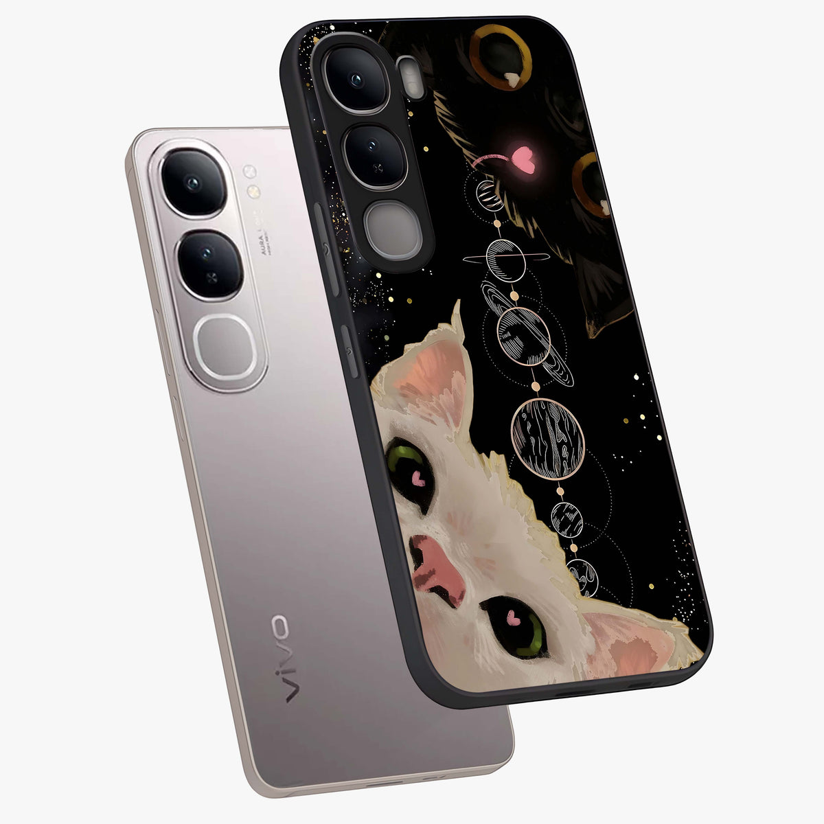 Galactic Cat Glass Case displayed in angled mockup highlighting celestial feline illustration with galaxy aesthetic style.