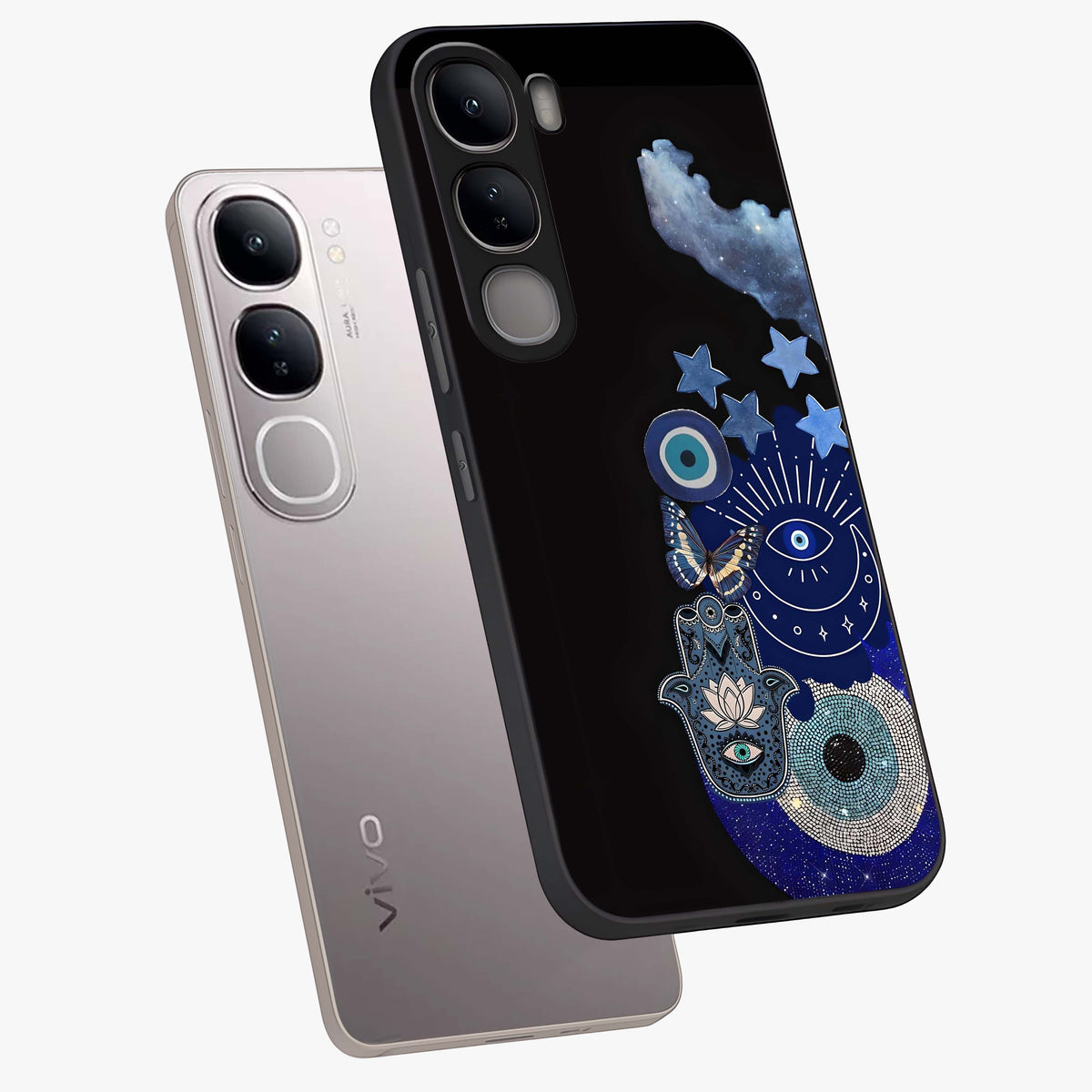 Galactic Charm Cluster Glass Case displayed in angled mockup highlighting luminous galaxy inspired design with dreamy aesthetic.