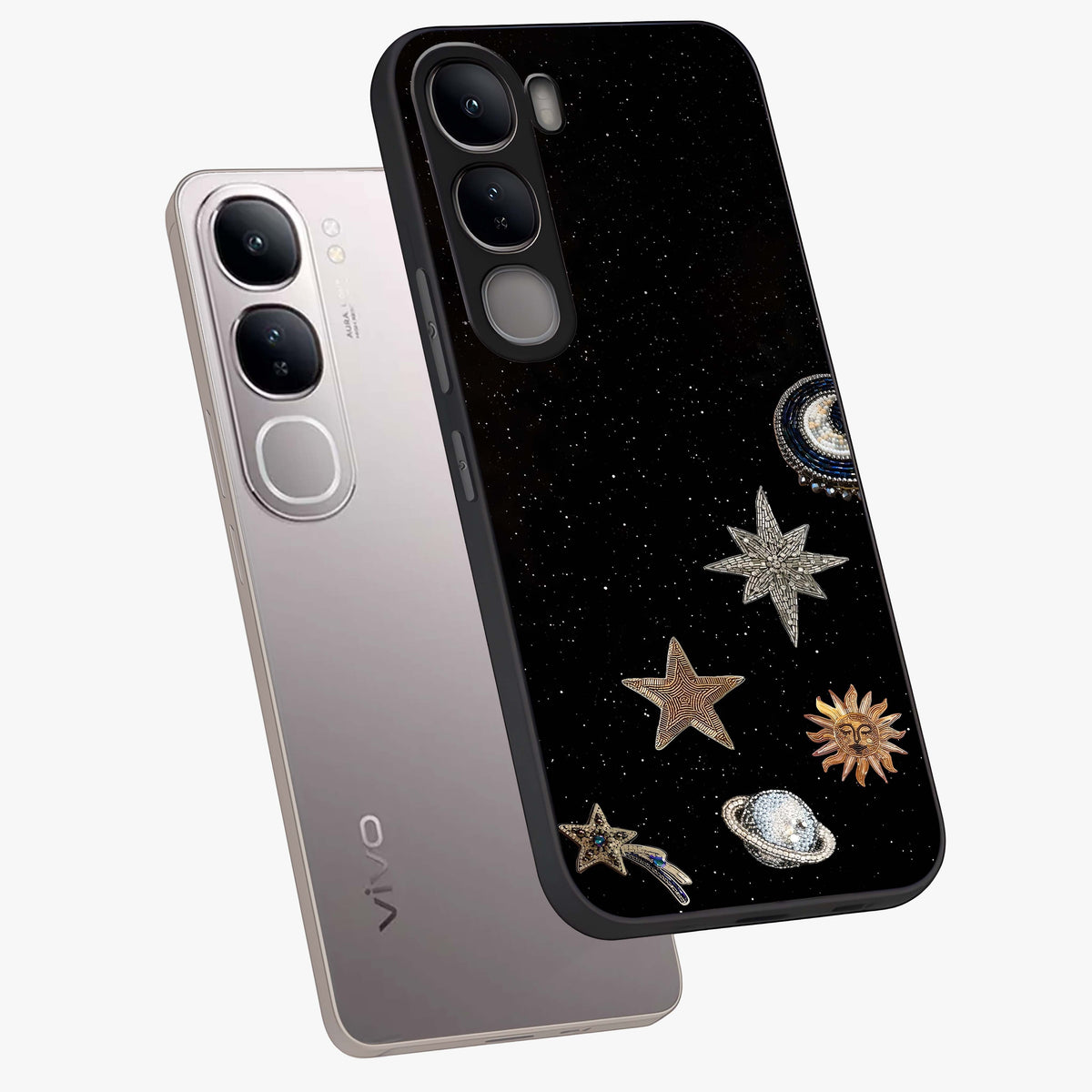 Galactic Charm Glow Glass Case displayed in angled mockup highlighting luminous galaxy inspired design with dreamy aesthetic.