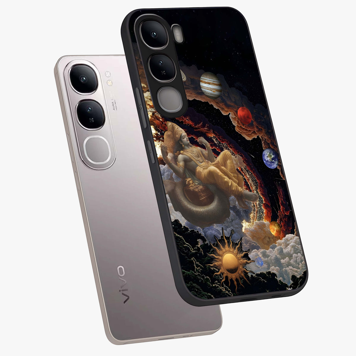 Galactic Divine God Glass Case displayed in angled mockup highlighting powerful celestial deity illustration with galactic aesthetic.