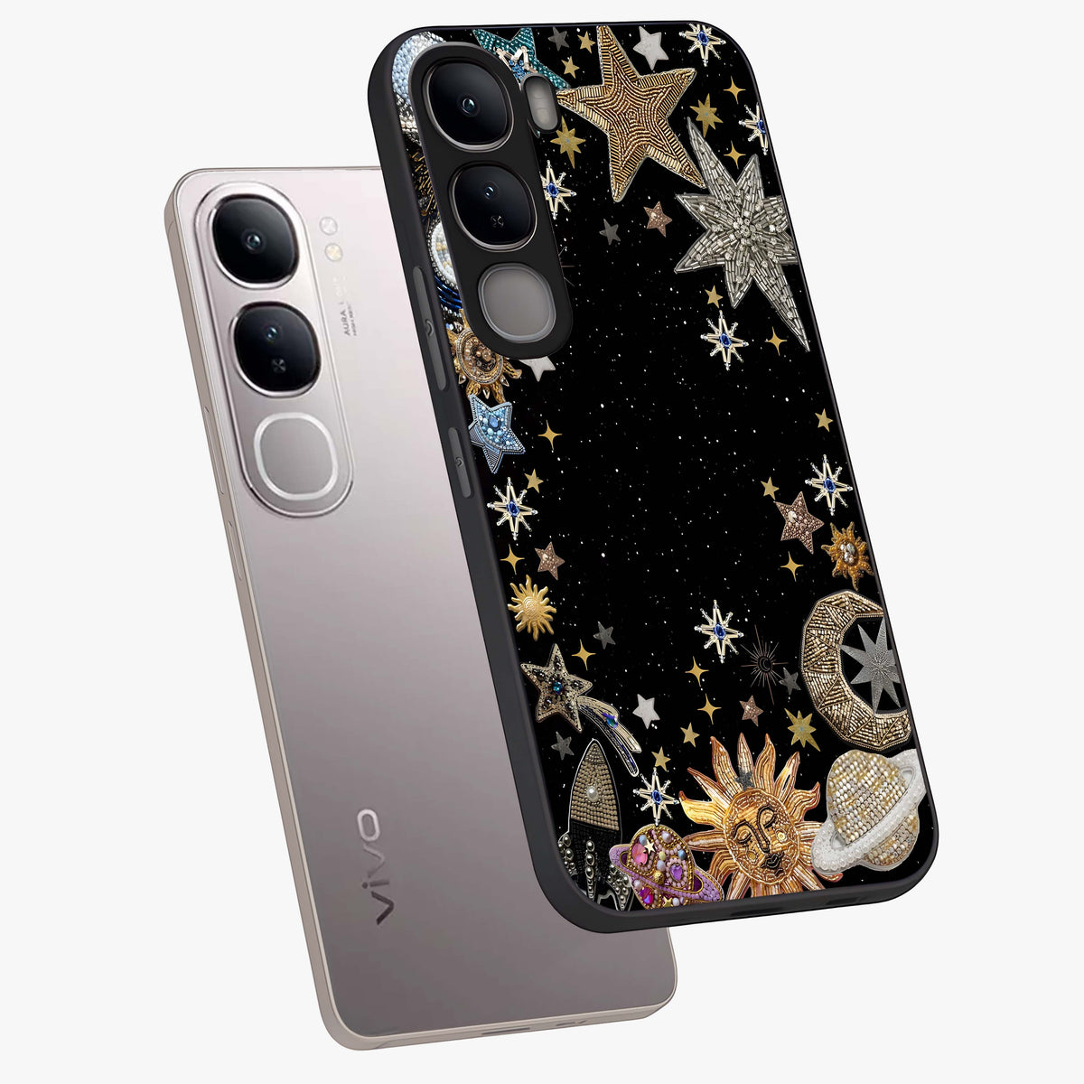 Galactic Jewel Stars Glass Case displayed in angled mockup highlighting shining celestial star design with cosmic aesthetic style.