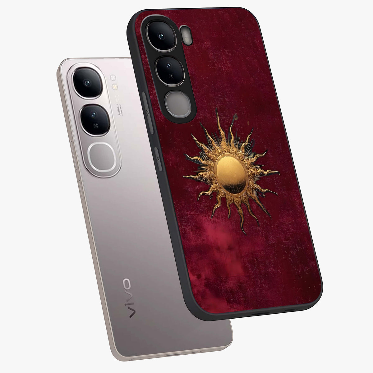 Golden Sun Minimalism Glass Case displayed in angled mockup highlighting clean sun symbol design with modern minimal aesthetic.