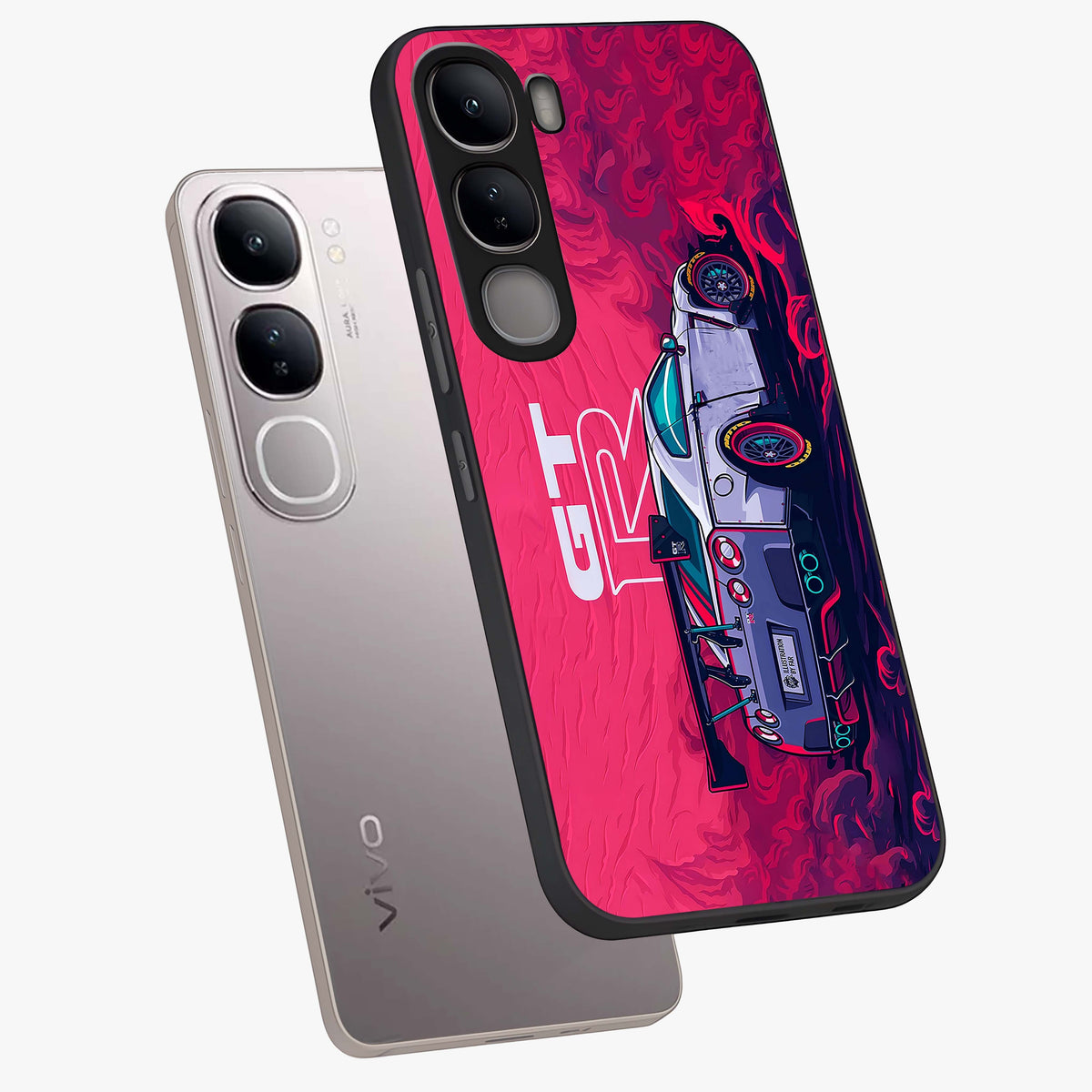 GT-R Car Pattern Glass Case displayed in angled mockup highlighting racing car graphic design with bold automotive aesthetic.