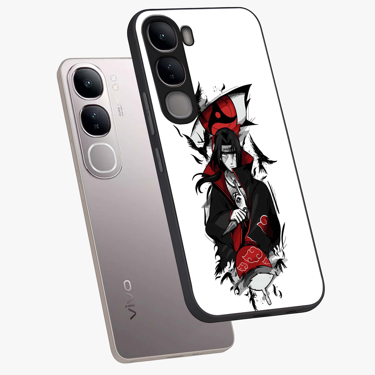 Itachi Limited Edition Naruto Anime Glass Case displayed in angled mockup highlighting dramatic anime illustration with bold action aesthetic.