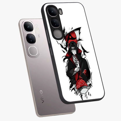 Itachi Limited Edition Naruto Anime Glass Case displayed in angled mockup highlighting dramatic anime illustration with bold action aesthetic.