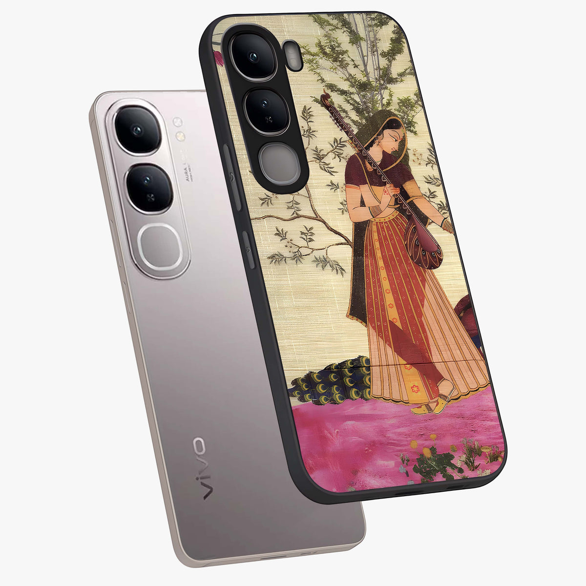 Lady With Veena Art Glass Case displayed in angled mockup highlighting graceful musical illustration with cultural artistic aesthetic.
