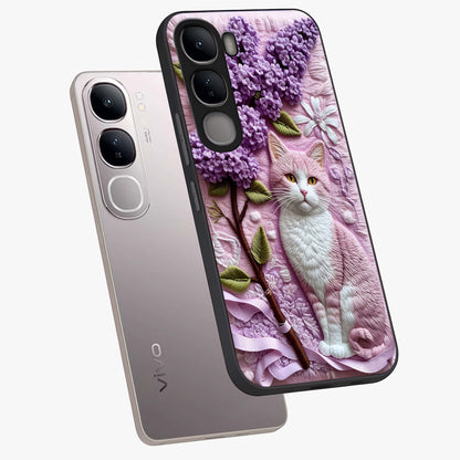 Lavender Cat Whimsy Glass Case displayed in angled mockup highlighting playful feline illustration with pastel lavender aesthetic.