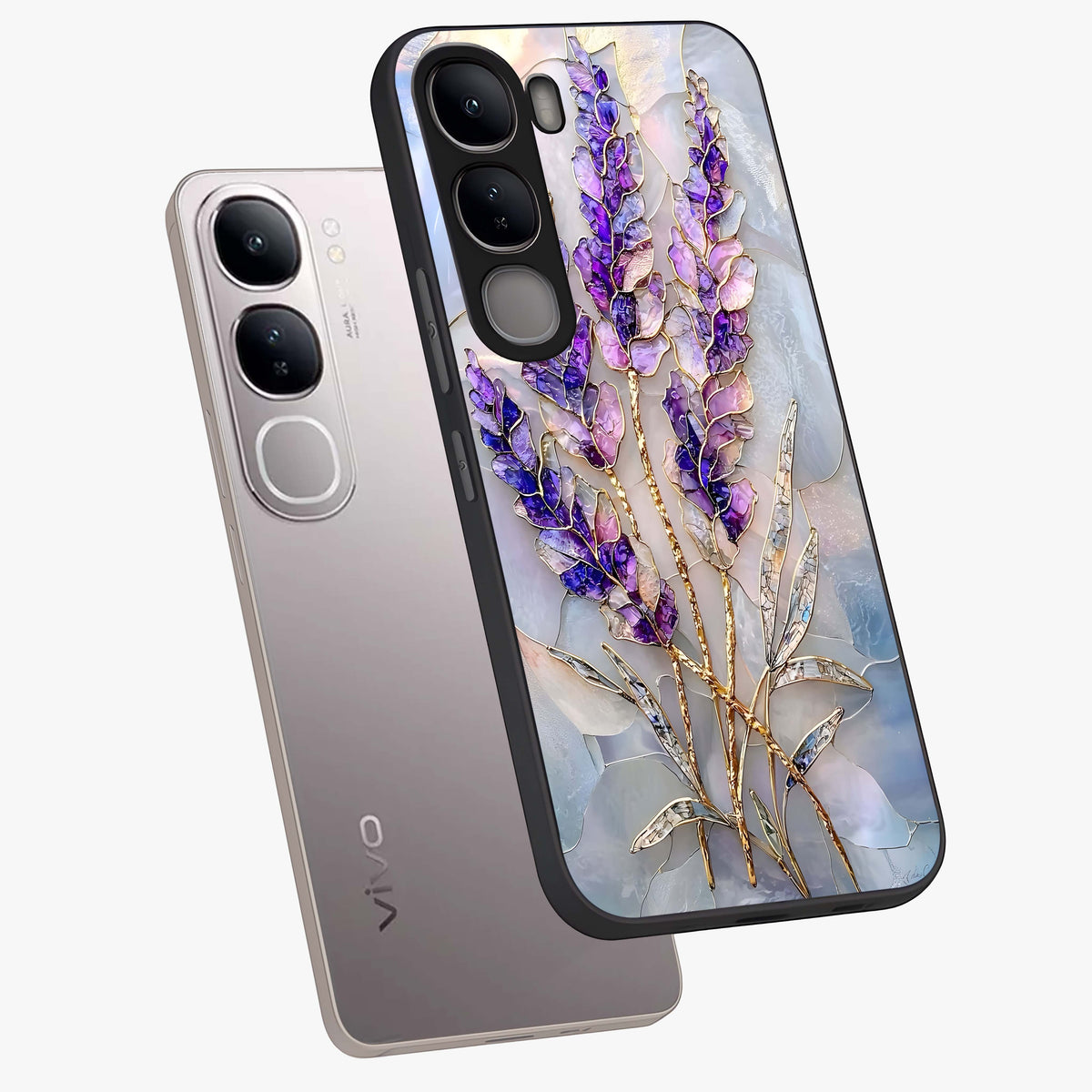 Lavender Dream Glow Glass Case displayed in angled mockup highlighting dreamy purple glow design with soft artistic style.