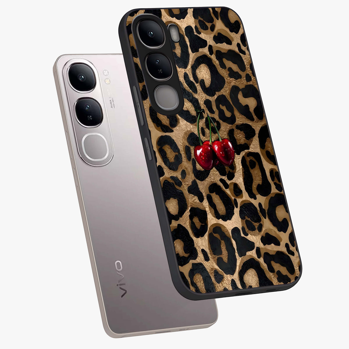 Leopard Wild Cherry Glass Case displayed in angled mockup highlighting bold animal print design with playful cherry aesthetic.