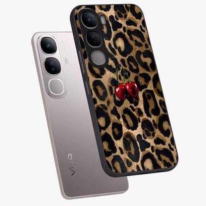 Leopard Wild Cherry Glass Case displayed in angled mockup highlighting bold animal print design with playful cherry aesthetic.