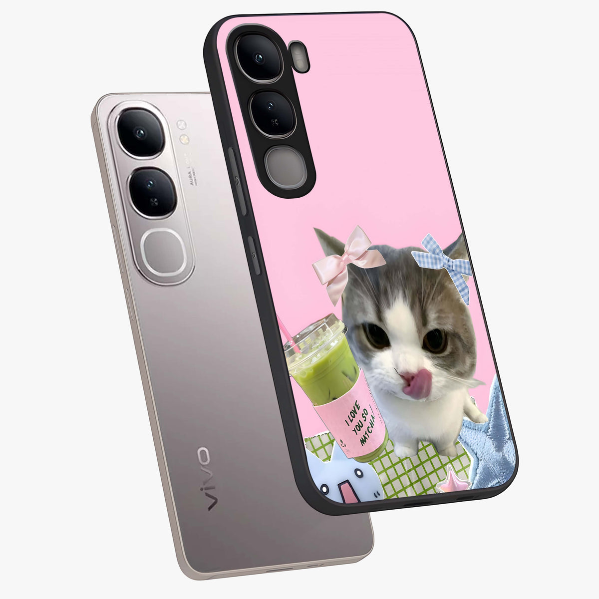 Love Matcha Cat Glass Case displayed in angled mockup highlighting playful feline illustration with cozy matcha aesthetic.
