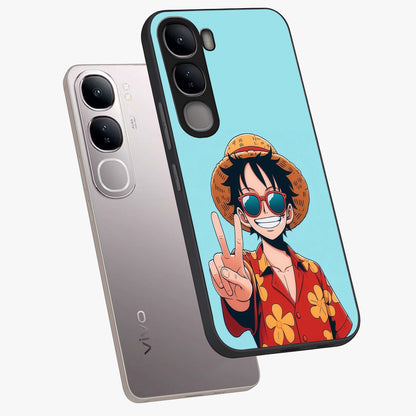 Luffy Summer Anime Vibe Glass Case displayed in angled mockup highlighting energetic anime illustration with summer vibe aesthetic.