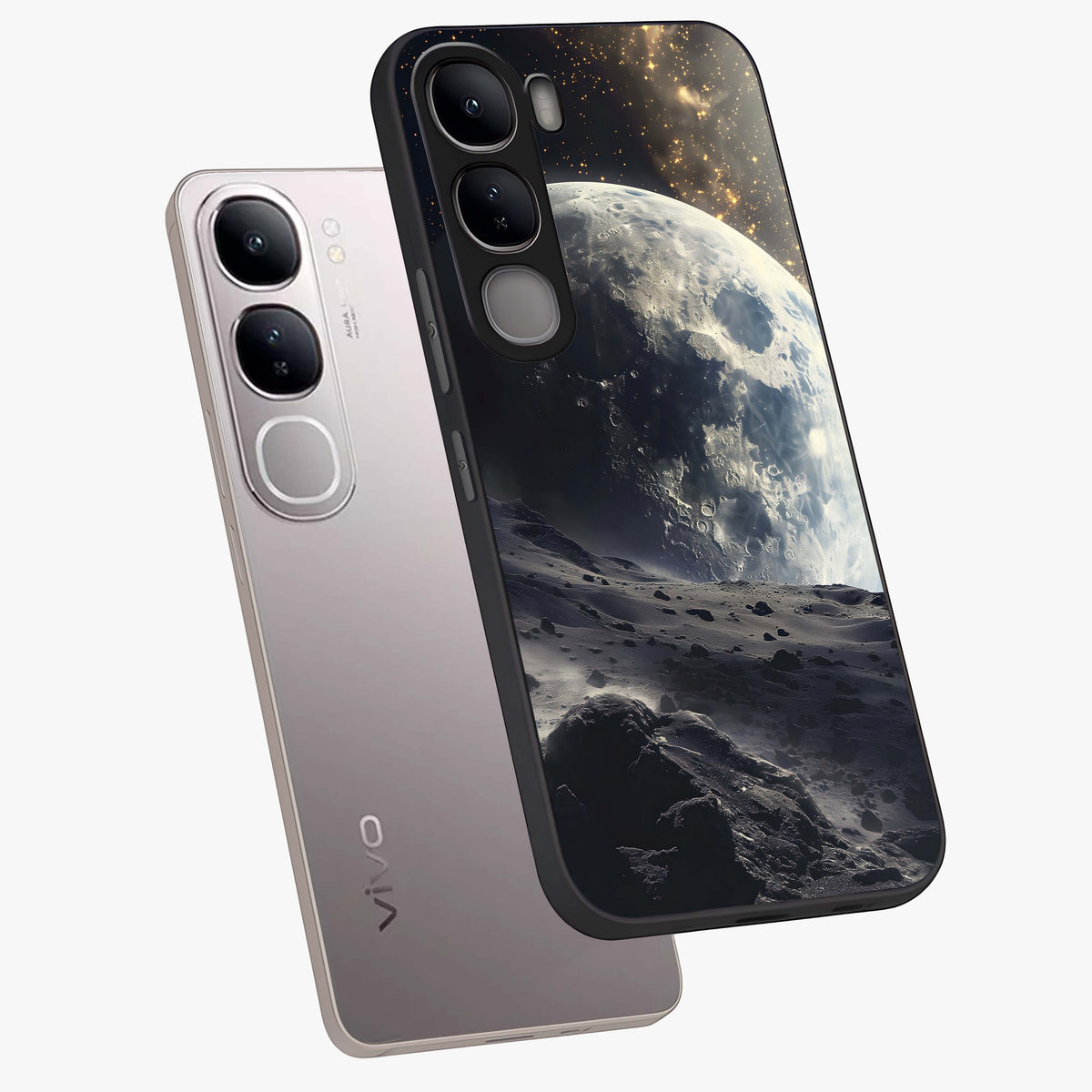 Lunar Horizon Glow Glass Case displayed in angled mockup highlighting celestial moon design with dreamy night aesthetic.