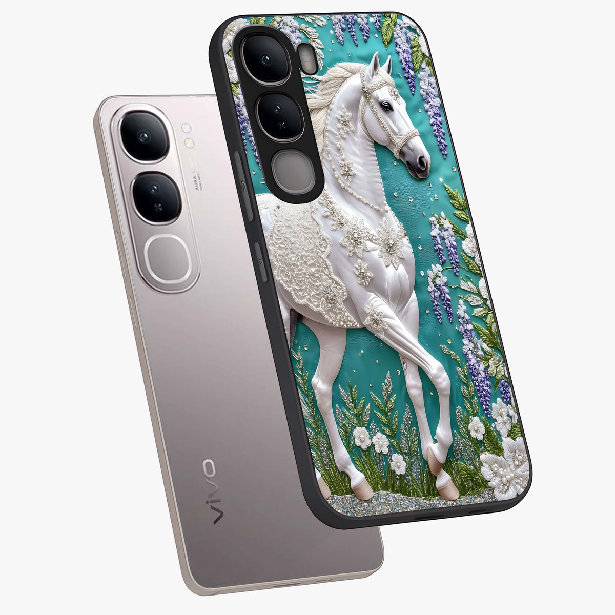 Majestic Floral Stallion Glass Case displayed in angled mockup highlighting majestic stallion illustration with elegant floral aesthetic.