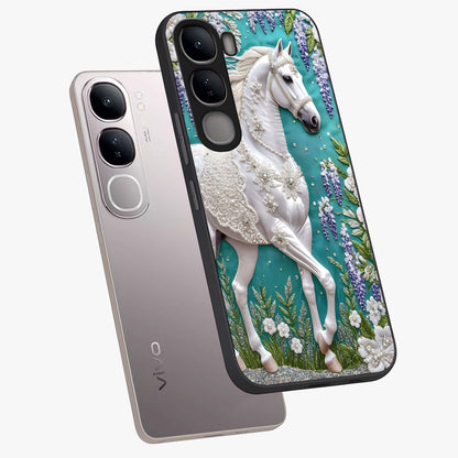 Majestic Floral Stallion Glass Case displayed in angled mockup highlighting majestic stallion illustration with elegant floral aesthetic.