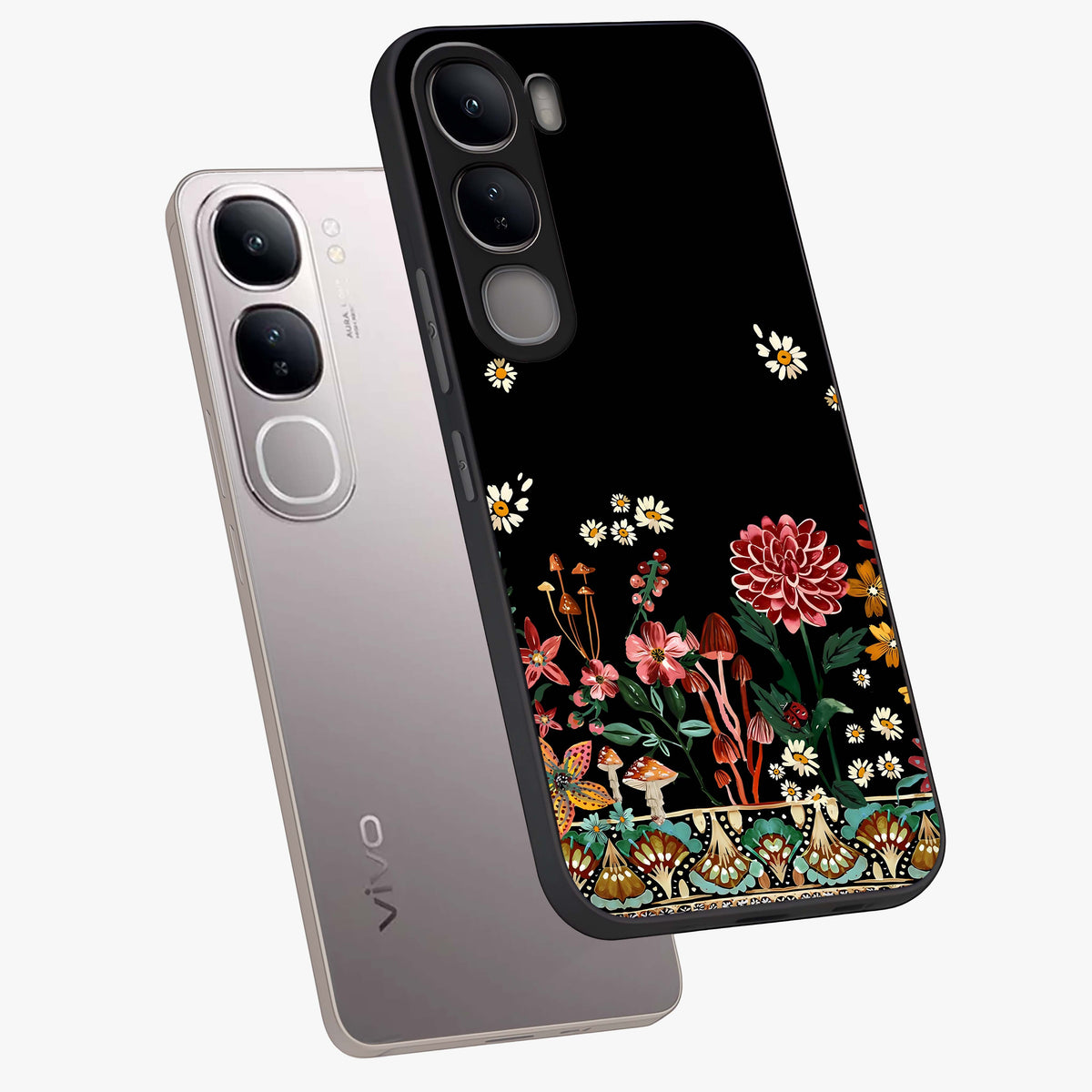 Midnight Bloom Pattern Glass Case displayed in angled mockup highlighting elegant flower design with midnight aesthetic style.