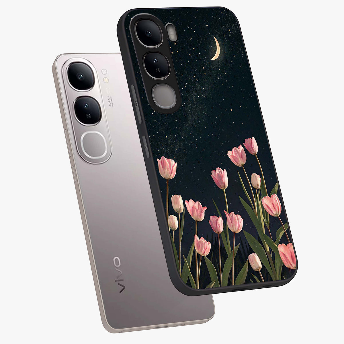 Midnight Tulip Whispers Vibe Glass Case displayed in angled mockup highlighting delicate tulip design with midnight floral aesthetic.