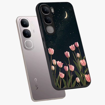 Midnight Tulip Whispers Vibe Glass Case displayed in angled mockup highlighting delicate tulip design with midnight floral aesthetic.