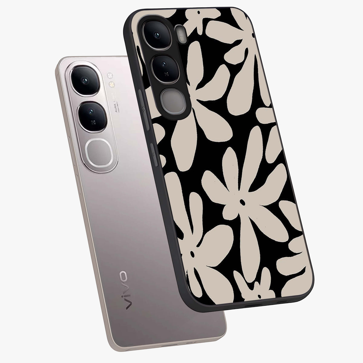 Monochrome Petal Dance Glass Case displayed in angled mockup highlighting elegant petal design with black and white aesthetic.