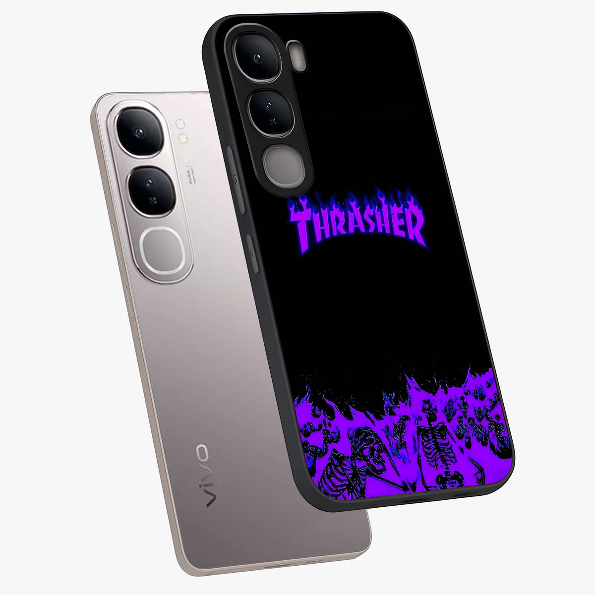 Neon Flame Riot Glass Case displayed in angled mockup highlighting glowing flame design with vibrant neon aesthetic.