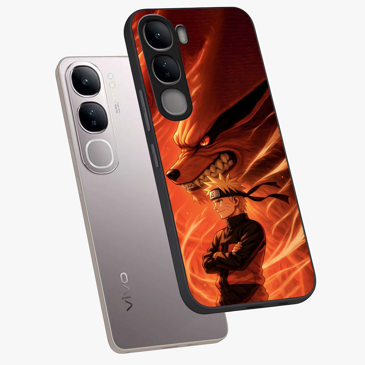 Nine Tails Legacy Glass Case displayed in angled mockup highlighting dynamic anime beast illustration with bold mystical aesthetic.
