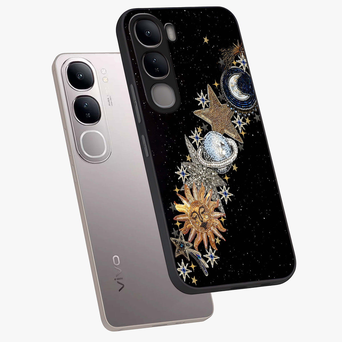 Pearls Universe Object Glass Case displayed in angled mockup highlighting celestial pearl design with dreamy aesthetic.