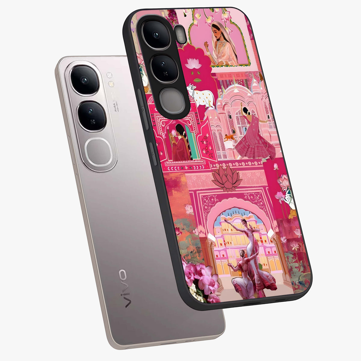 Pink Palace Muse Glass Case displayed in angled mockup highlighting dreamy palace illustration with soft pink aesthetic.