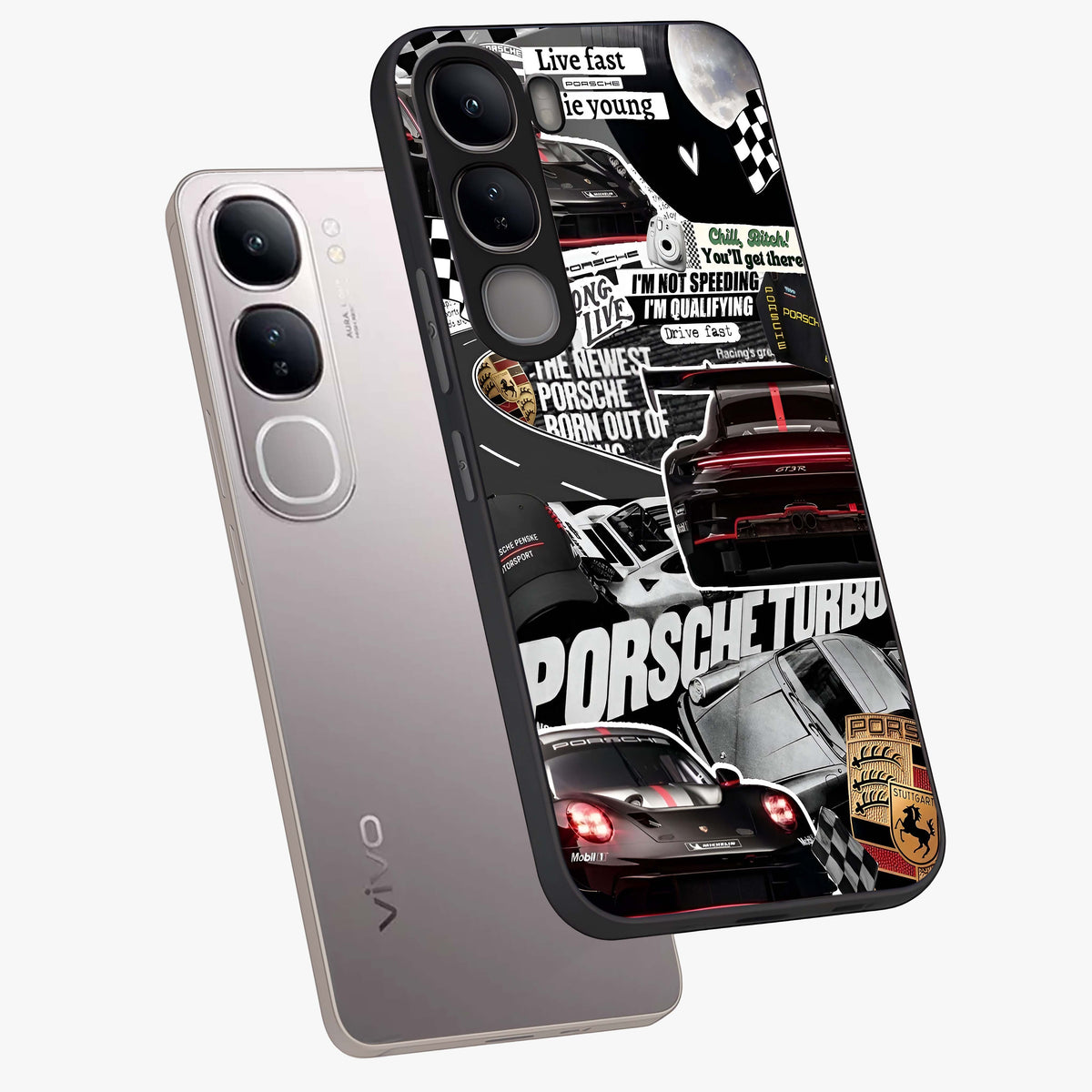 Porsche Racing Collage Glass Case displayed in angled mockup highlighting dynamic automotive design with bold racing aesthetic.