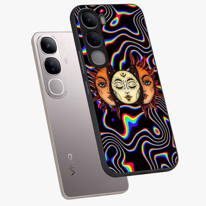 Psychedelic Sun Glass Case displayed in angled mockup highlighting vibrant abstract sun design with artistic aesthetic style.