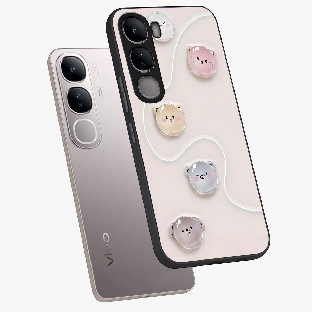 Puffy Face Parade Glass Case displayed in angled mockup highlighting playful cartoon face design with fun aesthetic.