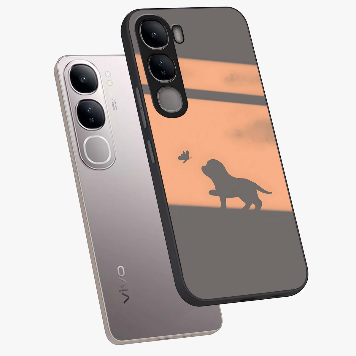 Puppy Shadow Art Glass Case displayed in angled mockup highlighting playful dog illustration with artistic shadow aesthetic.