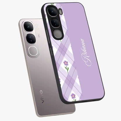 Purple Diamond Floral Glass Case displayed in angled mockup highlighting elegant purple flower design with decorative pattern.