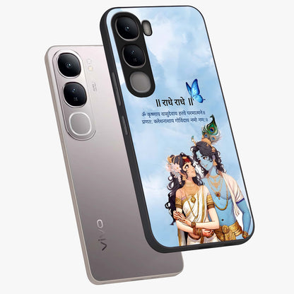 Radha Krishna Eternal Glass Case displayed in angled mockup highlighting divine Radha Krishna illustration with spiritual aesthetic.