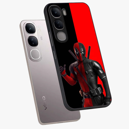 Red & Black Deadpool Theme Glass Case displayed in angled mockup highlighting vibrant superhero style illustration with action aesthetic.