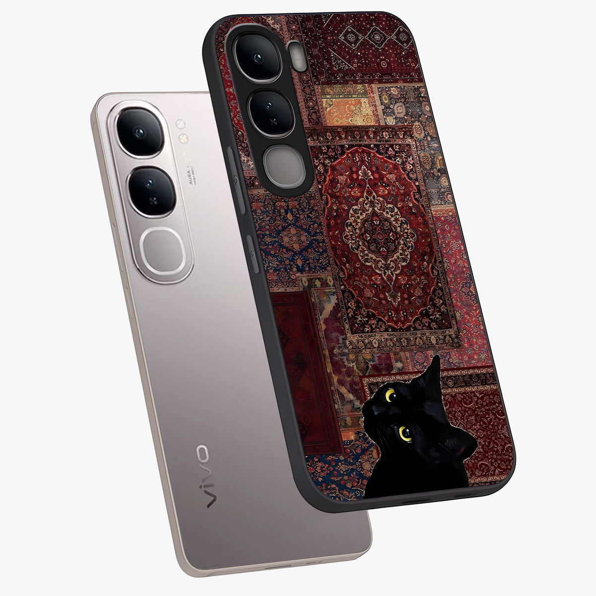 Regal Magic Cat Apple Glass Case displayed in angled mockup highlighting whimsical feline design with fantasy aesthetic.