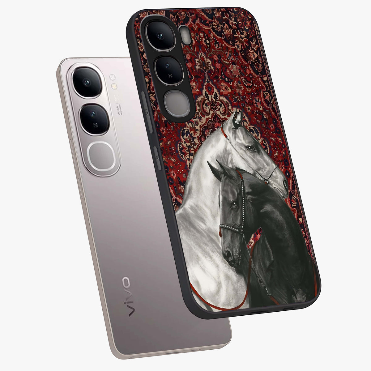 Regal Stallion Tapestry Glass Case displayed in angled mockup highlighting royal stallion design with decorative heritage aesthetic.