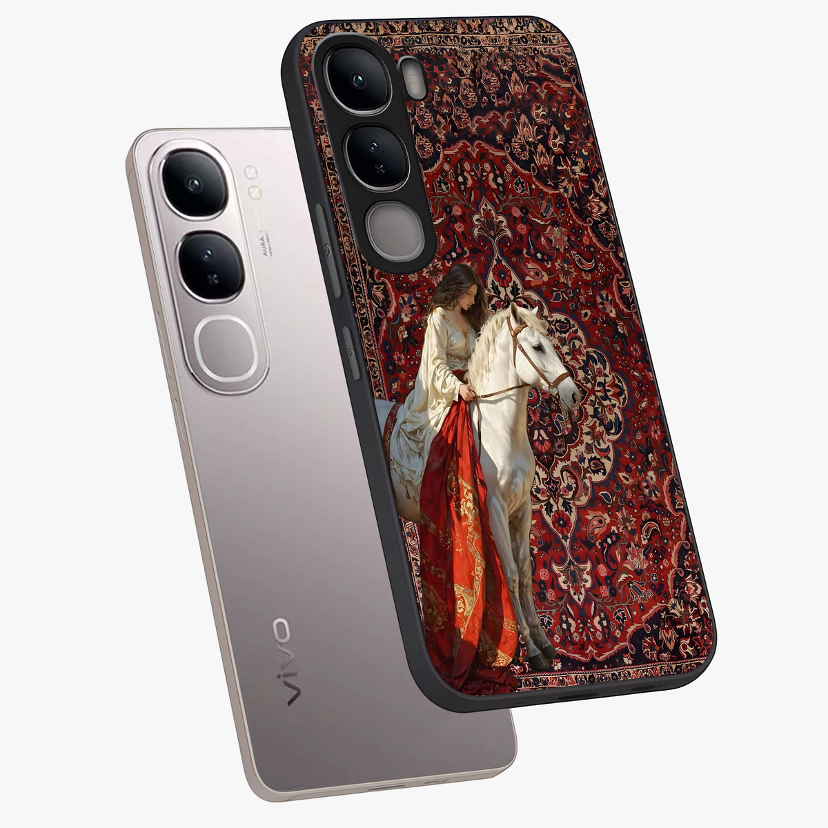 Royal Rider Tapestry Glass Case displayed in angled mockup highlighting traditional tapestry design with royal heritage aesthetic.