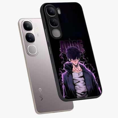 Shadow Monarch Awakening Glass Case displayed in angled mockup highlighting dramatic shadow warrior design with fantasy aesthetic.