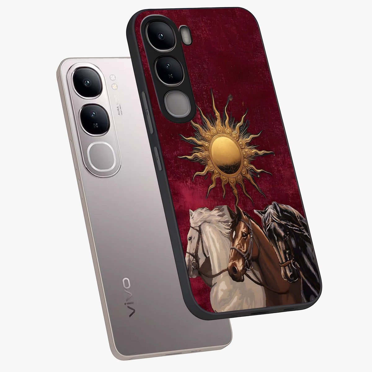 Solar Riders Glass Case displayed in angled mockup highlighting powerful rider illustration with radiant solar aesthetic.