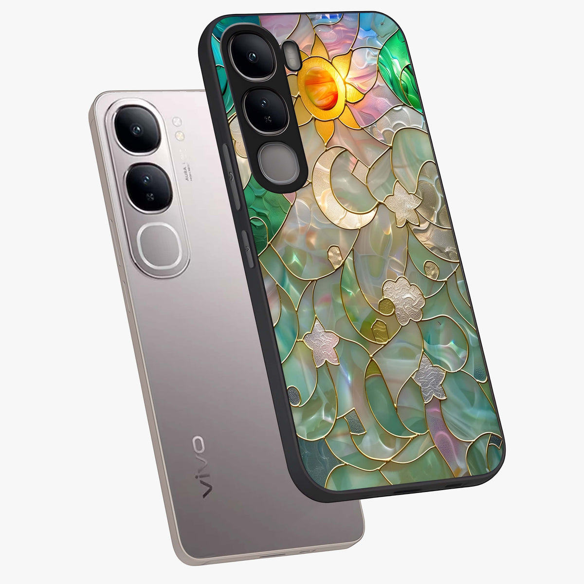Stained Sunrise Glow Glass Case displayed in angled mockup highlighting radiant sunrise design with artistic aesthetic style.