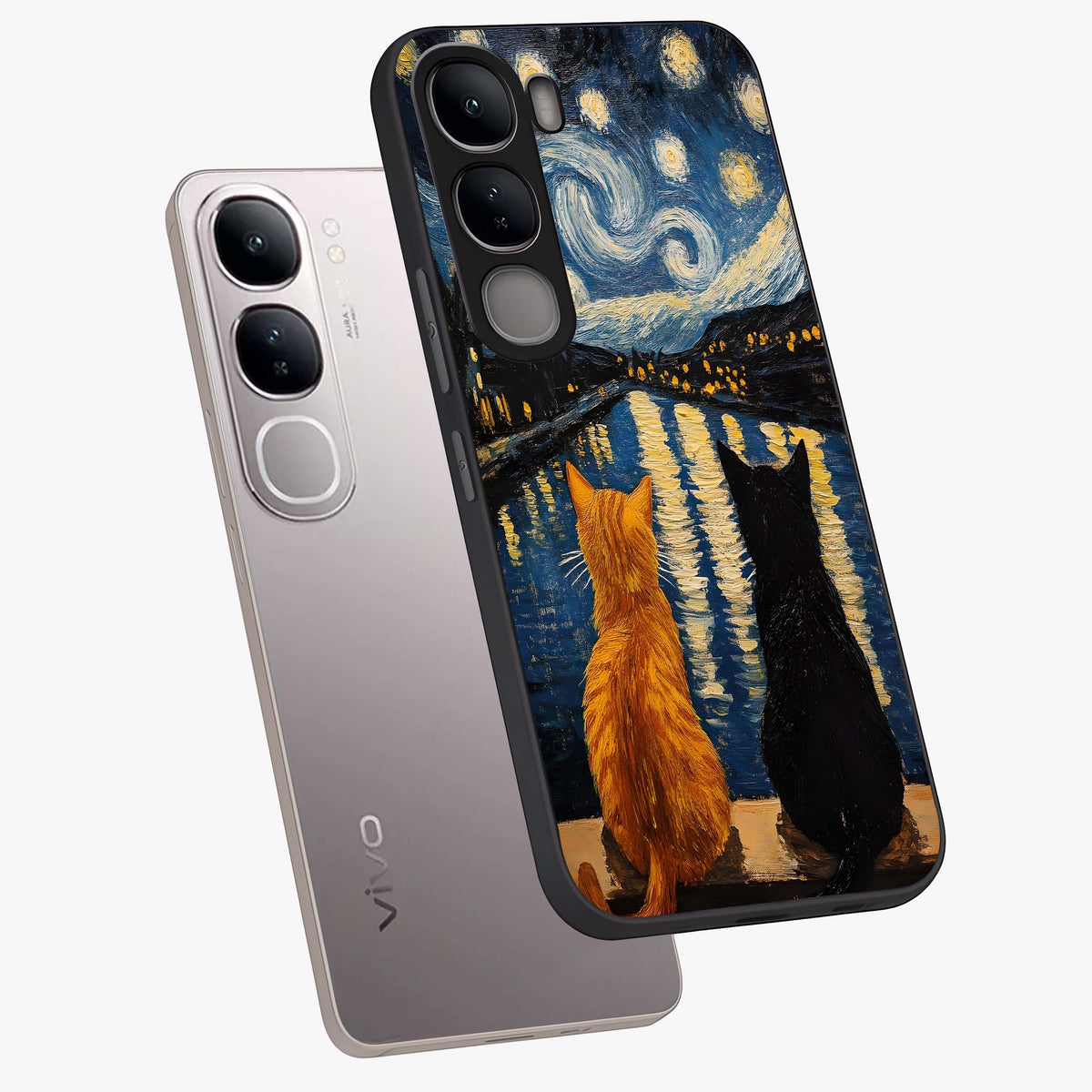 Starry River Cats Glass Case displayed in angled mockup highlighting charming feline illustration with dreamy night aesthetic.