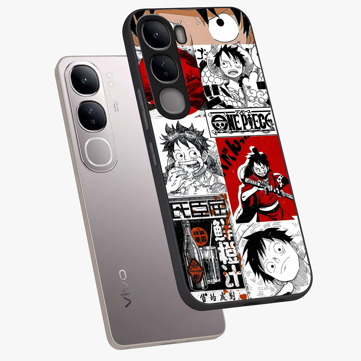 Strawhat Chaos Panels Glass Case displayed in angled mockup highlighting vibrant anime collage design with action aesthetic.