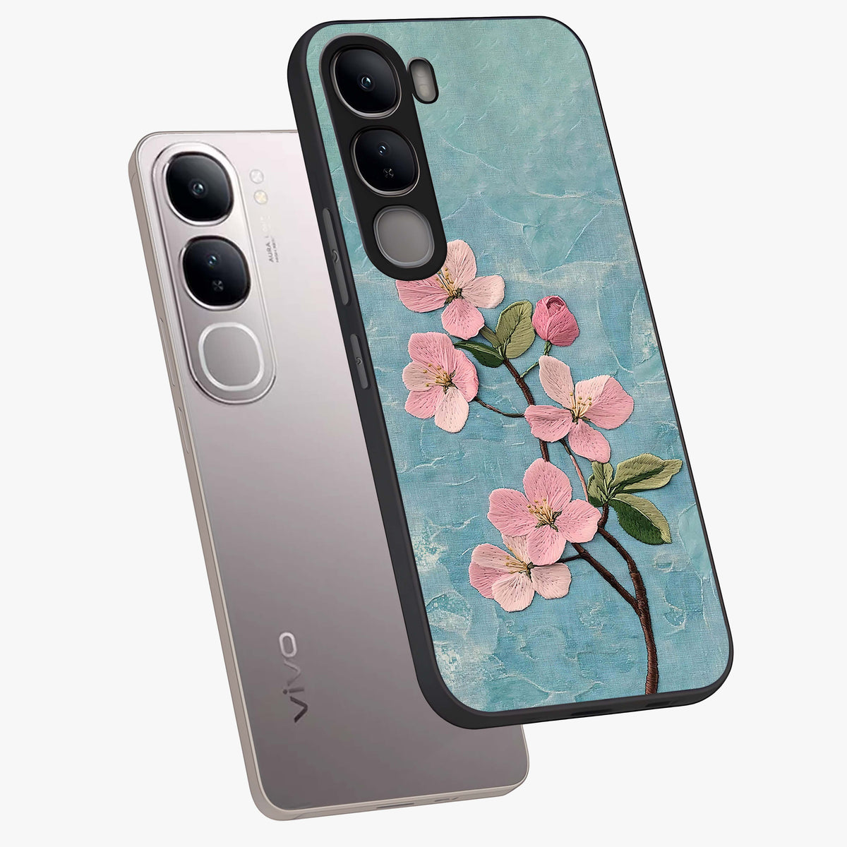 Threaded Blossom Breeze Glass Case displayed in angled mockup highlighting elegant floral design with soft aesthetic style.