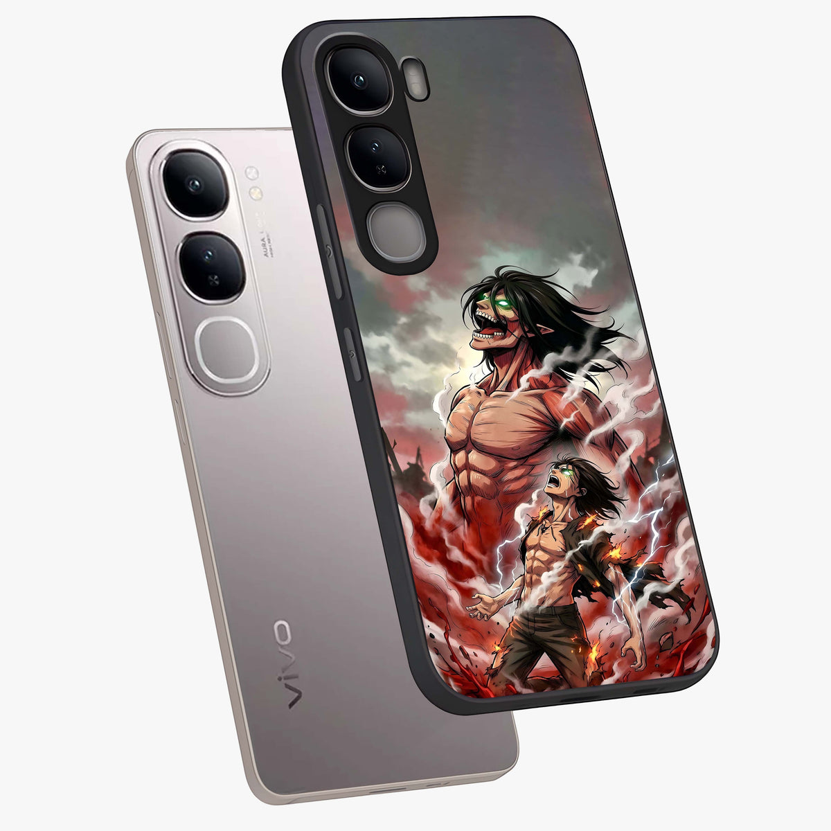 Titan Awakening Fury Glass Case displayed in angled mockup highlighting dramatic giant warrior design with bold anime aesthetic.